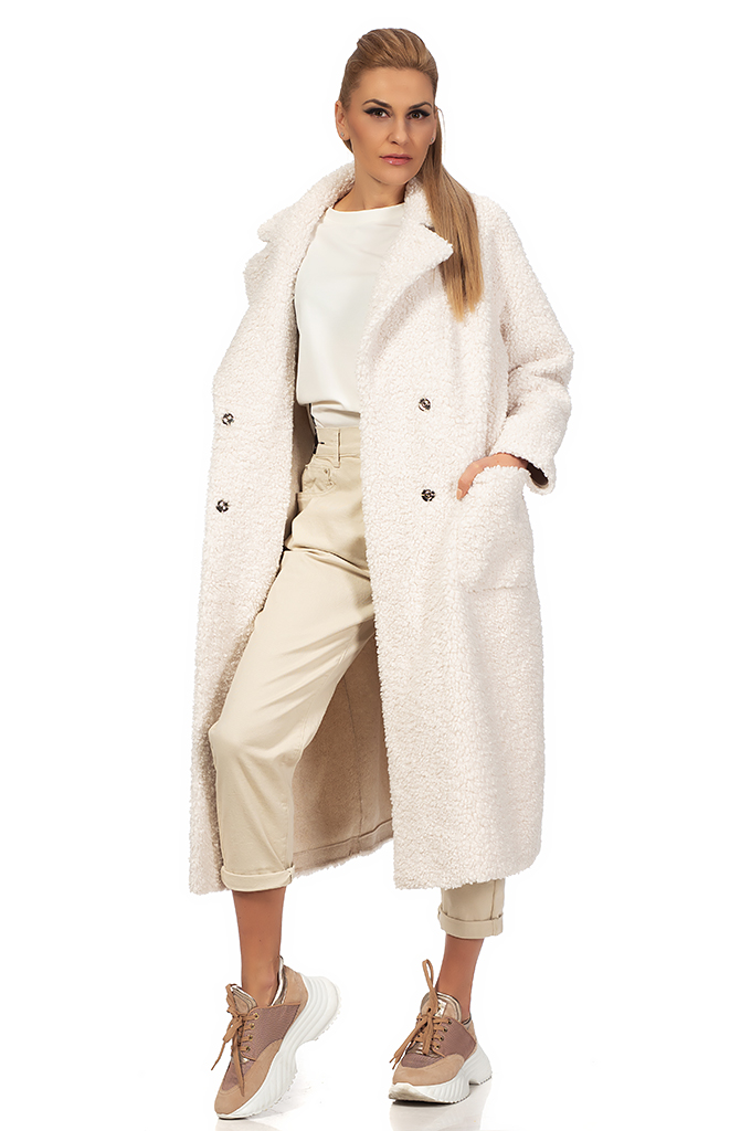 Дамско палто с външни джобове и ревер 
